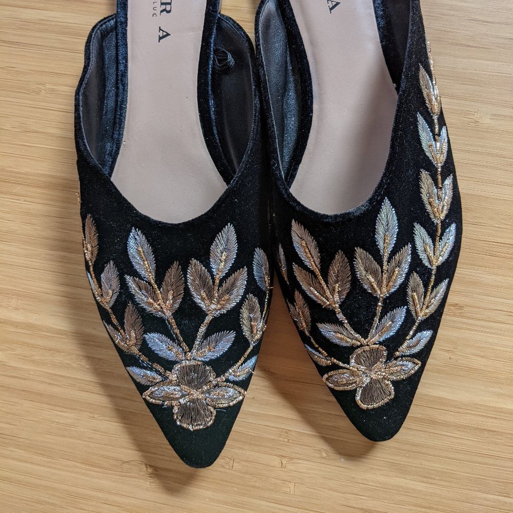 Zara Black Velvet Slides Gold/Silver Embroidery